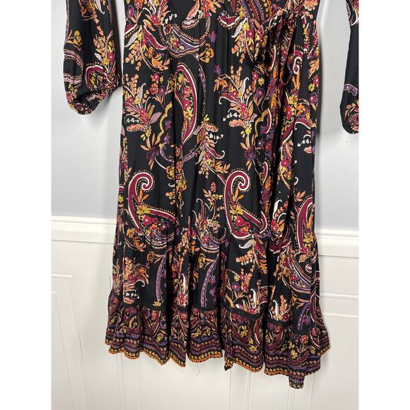 Lola B, Size Small, Brown & Orange Boho Maxi Dress, Paisley, Wrap, Crochet Trim - Picture 3 of 6